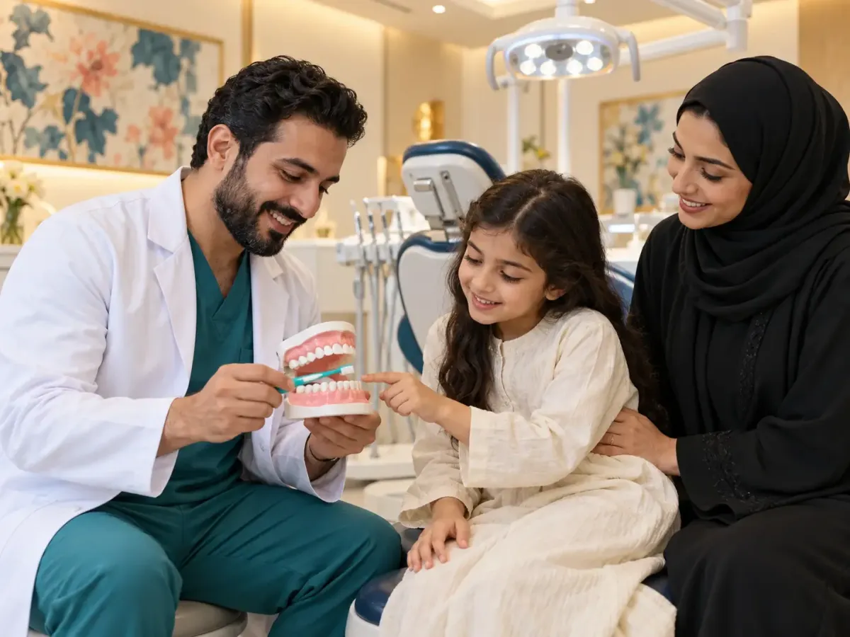 طبيب أسنان يشرح لطفلة صحة الأسنان باستخدام نموذج فك بحضور والدتها في عيادة صُنّاع الابتسامة